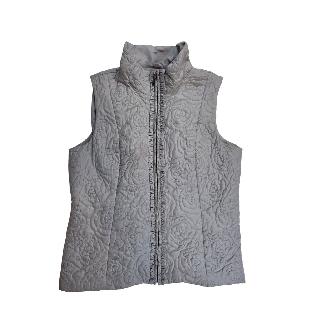 Charter Club‎ Grey Quilted Rosette Floral Vest Ruffle Zip Front Womens Large